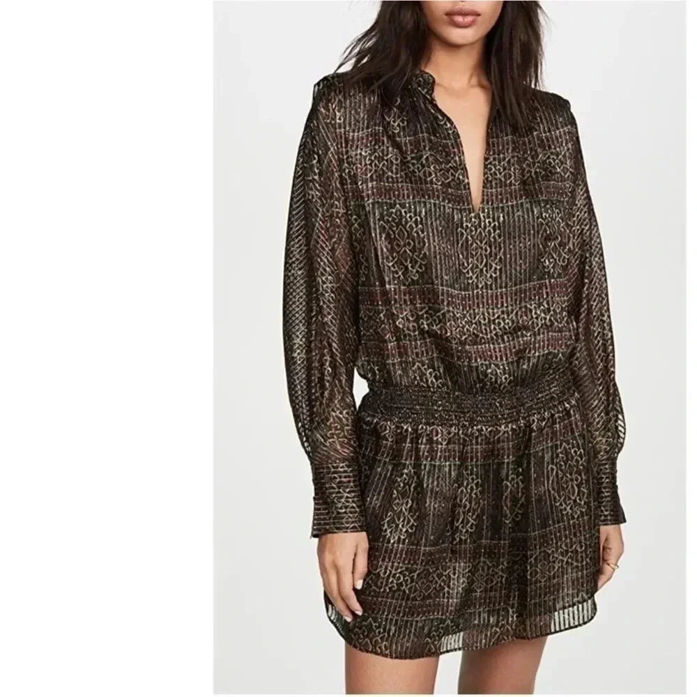Frame Paisley Metallic‎ Silk Long Sleeve Mini Dress Size Small